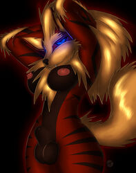 1futa anthro arcanine black_fur black_nose blonde_fur blonde_hair blue_eyes breasts canine closed_mouth color dickgirl fangs fully_sheathed fur furry furry_breasts futanari glowing_eyes hair hands_behind_head intersex intersex_only krinkels mane nintendo nipples nude open_eyes penis pokemon pokemon_(species) pose raised_tail red_fur reia sheath solo stretching stripes tail testicles video_games