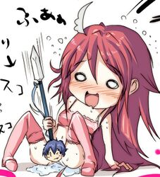 bare_shoulders blush bottomless bra censored chrom_(fire_emblem) cordelia_(fire_emblem) echizen_(hvcv) fire_emblem fire_emblem_awakening lowres masturbating_with_weapon masturbation open_mouth pussy_juice red_hair saliva simple_background solo spear text thighhighs translation_request weapon