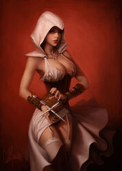 assassin assassin's_creed_(series) beige_skin breasts cleavage clothes color female female_only garterbelt hidden_blade hood human lipstick looking_at_viewer medium_breasts open_eyes rule_63 solo standing ubisoft will_murai