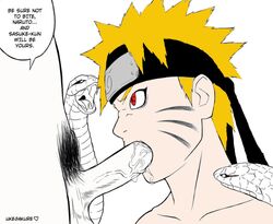 2boys blonde_hair blowjob english_text erection fangs fellatio forehead_protector gay human male male_only multiple_males naruto orochimaru red_eyes saliva_drip saliva_trail snake spiky_hair ukegakure uzumaki_naruto veiny_penis whisker_markings yaoi