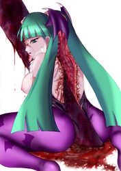 artist_request beige_skin bisected blade bleeding blood blood_puddle blood_stain bloody_sword breasts capcom clothing color corpse cut_in_half darkstalkers death female female_death female_only gore green_eyes green_hair guro hair injury jedah_dohma long_hair medium_breasts morrigan_aensland nipples open_eyes red_blood round_ears sitting solo succubus sword tight_clothing tongue tongue_out torn_clothing vertical_cut weapon white_background wound