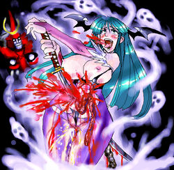 bishamon blood blush capcom clothing darkstalkers death fatality gore guro intestines medium_breasts morrigan_aensland ona_(artist) peeing seppuku torn_clothes