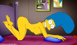 all_fours bed blue_hair breasts cartoon_avenger color curly_hair exposed_breasts eyes female female_only hair human indoors long_hair looking_at_viewer marge_simpson necklace open_eyes pearl_necklace side_view skin solo the_simpsons yellow_skin