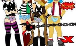 angry blue_hair blue_panties boots bracelet brown_hair carla_(el_tigre) chains crossed_arms el_tigre female frida_suarez gloves jk latina long_hair nickelodeon panties purple_hair purple_stockings short_hair spiked_bracelet stockings suspenders zoe_aves