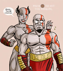 angry angry_face bald breasts circle_button gameplay_mechanics god_of_war goofy_ahh_facial_expression greek_clothes kratos muscular_female muscular_male rule_63 text topless