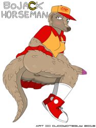 anthro ass bojack_horseman bottomless breasts clothed clothing djcoyoteguy female footwear mammal pangolin presenting presenting_hindquarters presenting_pussy pussy scales shoes simple_background solo text thick_thighs white_background