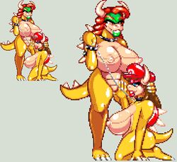 2girls anthro areola bdsm beige_skin bimbo blue_eyes bondage bowser breasts brown_hair busty casetermk claws cleavage collar color erect_nipples female female_bowser female_only green_skin grey_background hair horns kneeling koopa leash lipstick mario mario_(series) monster_girl multiple_females multiple_girls nintendo nipples orange_skin pixel_art red_eyes red_hair red_shell red_skin rule_63 shell spiked_armlet spiked_bracelet spiked_collar spiked_shell spiked_tail spiky_shell standing tail transformation voluptuous yuri