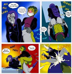 all_fours beast_boy comic cum_through dc dc_comics doggy_style female huge_penis impossible_fit rachel_roth raven_(dc) selrock stomach_bulge straight teen_titans