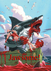 anthro biceps blood blood_puddle blood_splatter breasts bruce_the_shark covered_in_blood day female gore jaws_(film) male muscle muscles muscular muscular_male nude_female outdoors shark shark_humanoid size_difference tagme