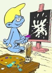 1boy animated balls blue_skin canvas cap cum_splatter ejaculation erection holding_penis large_penis male_only masturbation nude orgasm_from_masturbation paintbrush painter_smurf stroking_cock tagme the_smurfs