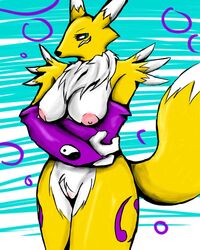 abstract_background anthro arms_crossed arms_under_breasts bandai breasts color crossed_arms digimon female female_only front_view fur fur_markings furry medium_breasts nude pussy renamon solo spikesdasnowfox video_games