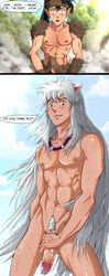 2boys anma blush demon erection erection_under_clothes gay inuyasha inuyasha_(character) koga long_hair male male_only necklace nipples penis penis_awe uncensored yaoi