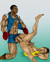 2boys abs anal_penetration anal_sex balrog bara bottomless boxing_gloves capcom closed_eyes dark-skinned_male dark_skin exposed_nipples gay holding_penis interracial kamui_jack male male_only masturbating_while_penetrated mouth_open open_shirt pecs penis_size_difference pleasure_face sean_matsuda size_difference spread_legs street_fighter street_fighter_iii street_fighter_iii:_3rd_strike street_fighter_iii_(series) street_fighter_v stretched_anus tagme torn_shirt underwear_aside upside-down veiny_penis yaoi