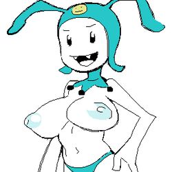 1:1 atlus black_eyes breasts clothes color fangs female female_only front_view hand_on_hip jack_frost_(megami_tensei) jackie_frost mascot megami_tensei nipples open_eyes open_mouth rule_63 solo sub_tank topless white_background white_skin