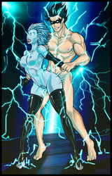 anal arm_grab batman_(series) black_gloves black_hair black_legwear blue_hair blue_skin breasts clenched_teeth dc dc_comics dick_grayson dick_hammersmith doggy_style domino_mask elbow_gloves electric electricity electrostimulation erect_nipples female from_behind from_behind_position gloves glowing_eyes hair_standing_up human livewire male mask nightwing nipples open_mouth pubic_hair shock shocked shocking short_hair speed_lines standing standing_sex straight superman_(series) thighhighs tiptoes