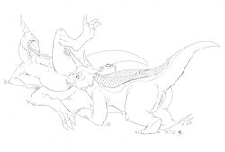 2011 2girls anus cunnilingus dinosaur don_bluth ducky's_mom duo female female_only feral interspecies monochrome multiple_girls pussy raised_tail sex spread_legs spreading the_land_before_time tria white_background yuri