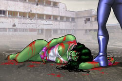 1girls avengers big_breasts blood breasts defeated_heroine female female_focus fingerless_gloves green_hair green_skin hulk_(series) lying_on_ground marvel marvel_comics nebaroth nipples she-hulk tagme torn_clothing