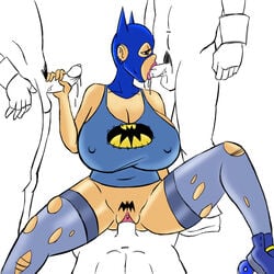 1girls 3boys batgirl batman_(series) breasts clitoris cum dc dc_comics digital_media_(artwork) ear_piercing earrings fellatio female_focus gangbang glassfish gotham_city_impostors handjob huge_breasts large_breasts lipstick nipple_bulge oral plain_background pussy roller_skates sex straight tagme thighhighs torn_thighhighs vaginal_penetration