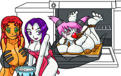 3girls alternate_breast_size apron bondage dc dc_comics dcau female female_only gag jim_sugomi jinx_(dc) lactation multiple_girls rachel_roth raven_(dc) starfire straight_hair teen_titans