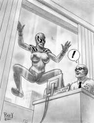 2011 breasts female human male marvel may_parker mayday_parker mc2 monochrome partially_clothed sean_patty spider-girl spider-man_(series) tagme window