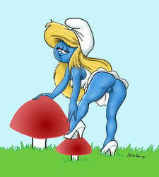 amh blue_skin bottomless hanna-barbera high_heels outdoors pussy smurfette tagme the_smurfs