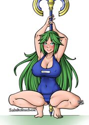 1girls alternate_version_available female_only green_eyes green_hair kid_icarus kid_icarus_uprising large_breasts nintendo nipple_bulge one-piece_swimsuit palutena pole_dancing pubic_hair school_swimsuit seductivebunneh smile solo_focus staff