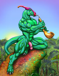 abs balls biceps color day dinosaur instrument male male_only muscles no_humans outdoors pecs penis saxophone scalie solo sudonym