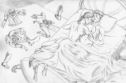 1boy 1girls after_sex bed bedroom bedsheet boots canon_couple chris_kent clothes_on_floor dc dc_comics female flamebird gloves kryptonian male monochrome nightwing nude nude_female nude_male on_bed thara_ak-var