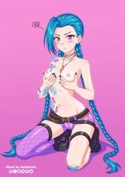 1girls angry_face blue_hair blush breasts burbur clothing female grabbing_own_breast human jinx_(league_of_legends) league_of_legends long_hair nipples nude_female pink_eyes skinny skinny_girl small_breasts tattoo