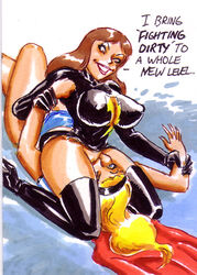 2girls black_mary blonde_hair blue_eyes breasts busty cleavage cunnilingus dark_mary_marvel_(character) dc dc_comics facesitting female forced forced_oral forced_yuri high_heel_boots joe_gravel kara_zor-el lightning_bolt_symbol mary_batson mary_marvel multiple_girls rape shazam_(series) supergirl superman_(series) voluptuous yuri