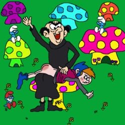 5boys animated black_hair blue_skin bottomless brainy_smurf brown_hair flowers freckles gargamel mouth_open mushroom mushroom_house no_visible_genitalia papa_smurf scruple size_difference spank_marks spanking the_smurfs white_hair