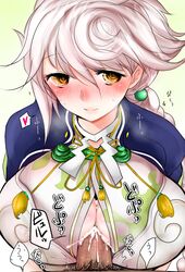 blush braid breasts bust cleavage_cutout cum cum_on_body cum_on_breasts cum_on_upper_body dark-skinned_male female han_(jackpot) heart huge_breasts kantai_collection long_hair looking_at_viewer male male_pubic_hair paizuri paizuri_under_clothes penis perpendicular_paizuri pubic_hair silver_hair single_braid spoken_heart straight unryuu_(kantai_collection) yellow_eyes