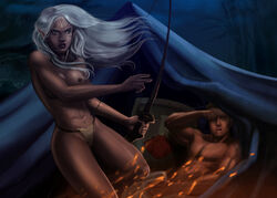 1boy 1girls alistair_theirin areolae bow_(weapon) breasts color dragon_age dragon_age_origins elf elf_ears elf_female female grey_warden long_hair male male_human/female_elf night nipples panties panties_only shield sleepy tagme tattoo tent white_hair