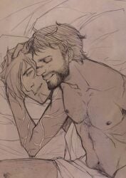 beard bed cuddling dark_hair dragon_age_2 duo elf fenris_(dragon_age) gay hawke human human_on_elf male male_only monochrome multiple_males nipples no_nude sepia smile tagme tattoo video_games wholesome yaoi