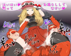 1girls cum_on_thighs doskoinpo female femdom human human_only japanese_text male nintendo pokemon pokemon_xy serena_(pokemon) serena_(pokemon_games) straight tagme team_flare team_flare_grunt team_flare_grunt_(male) tease teasing text thighjob