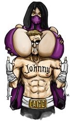 2d belt blonde_hair blood breasts bulge_through_clothing clothed confused dark_hair female femdom first-second huge_breasts human johnny_cage long_hair male marshmallow_hell mileena mortal_kombat nosebleed pants short_hair sunglasses tagme tarkatan tattoo thumbs_up