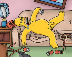 1boy alcohol asleep balls color drink drink_can drooling foreskin homer_simpson human long_foreskin lying male male_only nude on_back penis saliva side_view sleeping sofa solo tagme testicles the_simpsons uncut unretracted_foreskin