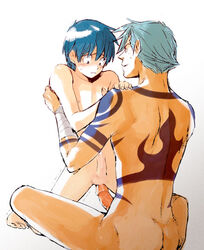 2boys blue_hair entering erection gay kamina male nude push_down simon_(tengen_toppa_gurren_lagann) sitting size_difference tagme tattoo tengen_toppa_gurren_lagann trembling yaoi