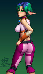 ass big_ass big_breasts blue_hair blush breasts busty capri_pants catthouse_studios cleavage erect_nipples green_eyes green_hair jak_and_daxter keira_hagai large_breasts midriff multicolored_hair nipples oni_(artist) parted_lips pointy_ears seductive seductive_smile sideboob skin_tight smile solo_female suspenders