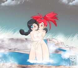 ass blush breasts candice_(pokemon) color einstrigger female female_only flannery_(pokemon) human human_only multiple_females multiple_girls nipples outdoors pokemon pokemon_dppt pokemon_rse standing water wink yuri