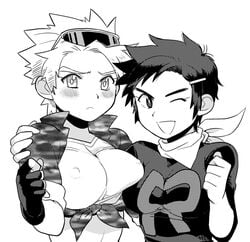 2011 2girls blush breasts closed_mouth clothes eyewear eyewear_on_head female female_only fingerless_gloves front_view frown glasses gloves hair human ken_(pokemon) large_breasts looking_at_viewer lt_surge monochrome multiple_females nintendo nipples open_eyes open_mouth pokemon pokemon_adventures pokemon_rgby round_ears rule_63 shitappa short_hair spiky_hair sunglasses sunglasses_on_head team_rocket white_background wink