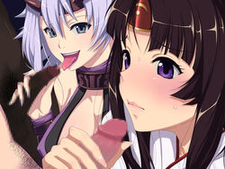 2boys 2girls blush brown_hair censored dark-skinned_male dark_skin ffmm_foursome foursome handjob interracial light-skinned_female light-skinned_male light_skin looking_at_penis male purple_eyes queen's_blade shizuka_(queen's_blade) tomoe tongue tongue_out