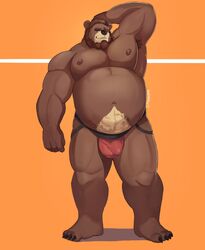 2020 anthro armpit_hair barmaku beard belly body_hair brown_body brown_fur bulge clothing facial_hair fur genital_outline hi_res jockstrap male male_only mammal moobs navel nipples overweight overweight_anthro overweight_male penis_outline simple_background solo underwear ursid