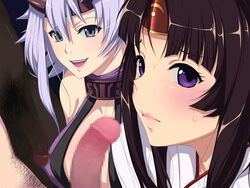 2boys 2girls before_oral blush brown_hair censored dark-skinned_male dark_skin embarrassed ffmm_foursome flaccid foursome interracial light-skinned_female light-skinned_male light_skin male purple_eyes queen's_blade shizuka_(queen's_blade) tomoe