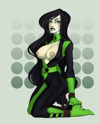 1girls basedesire black_hair blush bodysuit bondage breasts clenched_teeth disney exposed_breasts female female_only green_eyes green_skin human human_only kim_possible kneeling long_hair nipples no_bra open_clothes shego solo tied_up