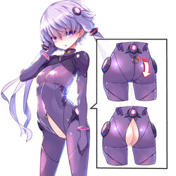 1girls :o anus ass ass_visible_through_thighs bangs bodysuit breasts bright_pupils clothing commentary_request covered_navel cowboy_shot crotch_zipper eyebrows_visible_through_hair female female_only gloves hair_tubes highres inset jpg looking_at_viewer neon_genesis_evangelion open_mouth open_zipper plugsuit pon_(shind_997) purple_bodysuit purple_gloves purple_hair pussy short_hair_with_long_locks sidelocks simple_background small_breasts solo standing uncensored vocaloid voiceroid white_background yuzuki_yukari zipper