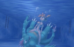 1boy 1girls cowgirl_position female feraligatr human kasumi_(pokemon) male nintendo nude orange_hair pokemon pokemon_(species) pokephilia sex straight trainer trainer_(artist) underwater water