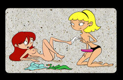 2girls assisted_exposure assisted_undressing blonde_hair female hey_arnold! lila_sawyer monkeycheese multiple_girls nickelodeon nipples nude olga_pataki red_hair smile socks strap-on topless undressing yuri