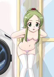 1girls 2d belly bra breasts green_eyes green_hair kanade_minamino panties pretty_cure small_breasts solo somanoma stockings suite_precure tagme undressing