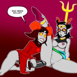 2girls aradia_megido black_hair black_lips bracelet breasts clothing crown dialogue dildo feferi_peixes female fins goggles grey_skin homestuck horns imminent_sex ms_paint_adventures multiple_girls necklace nipples open_mouth pink_background pubic_hair pussy red_lips shamefuldisplay shirt_lift short_hair smile speech_bubble text troll yellow_eyes yuri